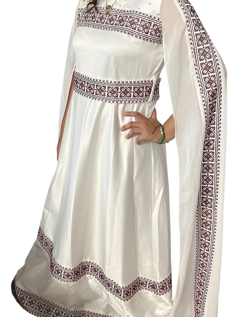 White Maxi Dress with Maroon Embroidered Trim